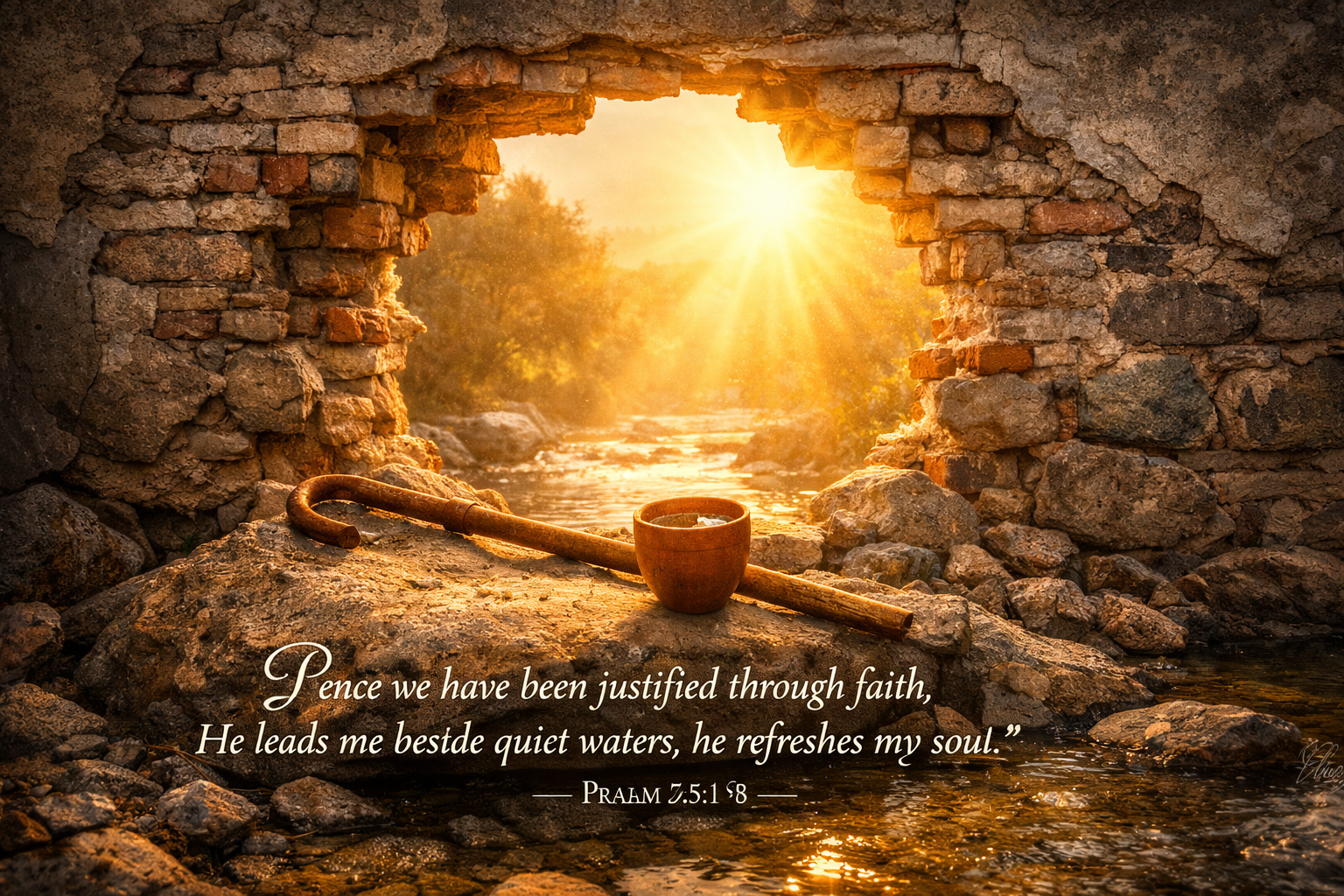 Bible verse wallpaper Romans 5:1 with broken wall and golden light flooding through the breach
